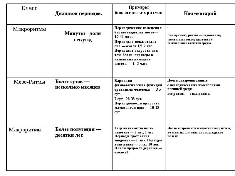 В тексте описана классификация биологических ритмов на основе текста заполни схему