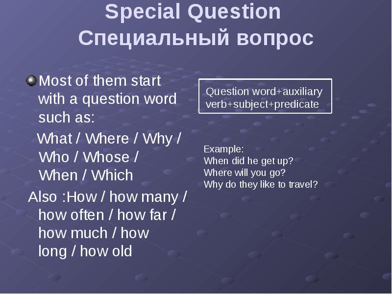 Special Question Специальный вопрос
Most of them start with Special Question Специальный вопрос
Most of them start with