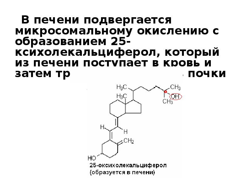 В печени подвергается микросомальному окислению с образованием 25-ксихолекальциферол, который из печени В печени подвергается микросомальному окислению с образованием 25-ксихолекальциферол, который из печени
