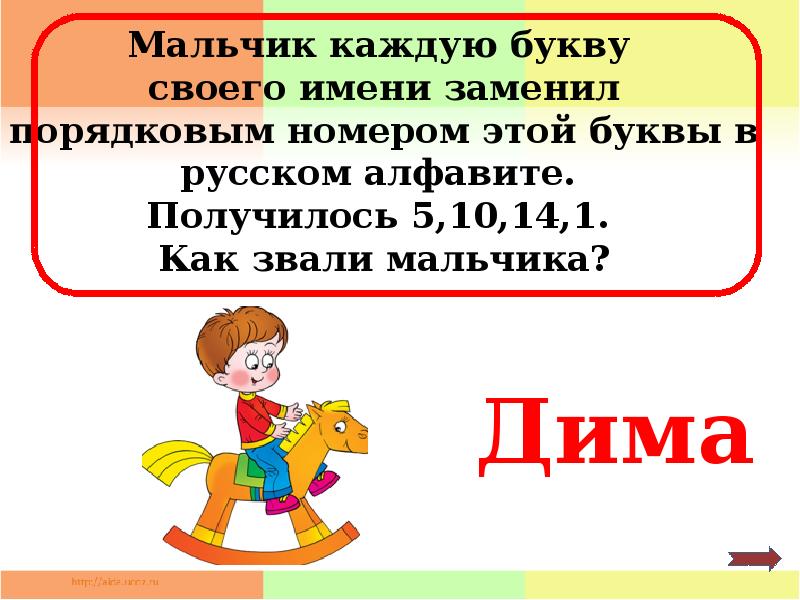 Выводила каждую букву. Мальчик каждую букву своего имени. Девочка заменила каждую букву в своем имени ее номером в русском. Мальчик каждую букву своего имени заменил порядковым номером. Девочка заменила каждую букву в своем имени 2011533.