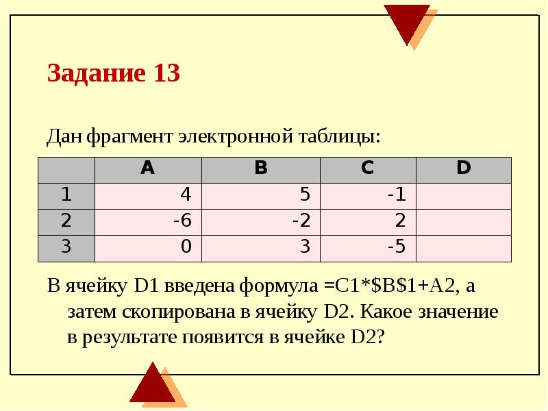 На рисунке представлен фрагмент таблицы в режиме отображения формул определи d1 d4