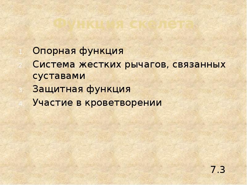 Функция скелета Опорная функция Система жестких рычагов, связанных суставами Защитная функция