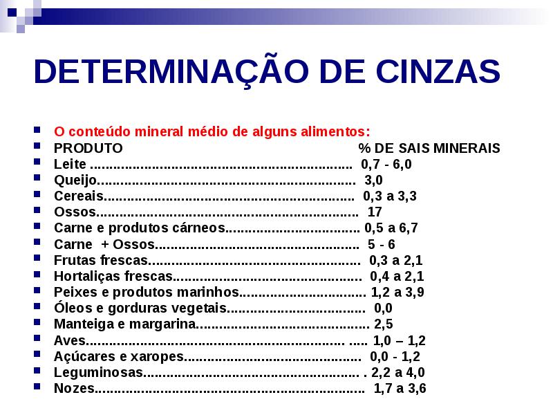 DETERMINAÇÃO DE CINZAS
O conteúdo mineral médio de alguns alimentos:
DETERMINAÇÃO DE CINZAS
O conteúdo mineral médio de alguns alimentos: