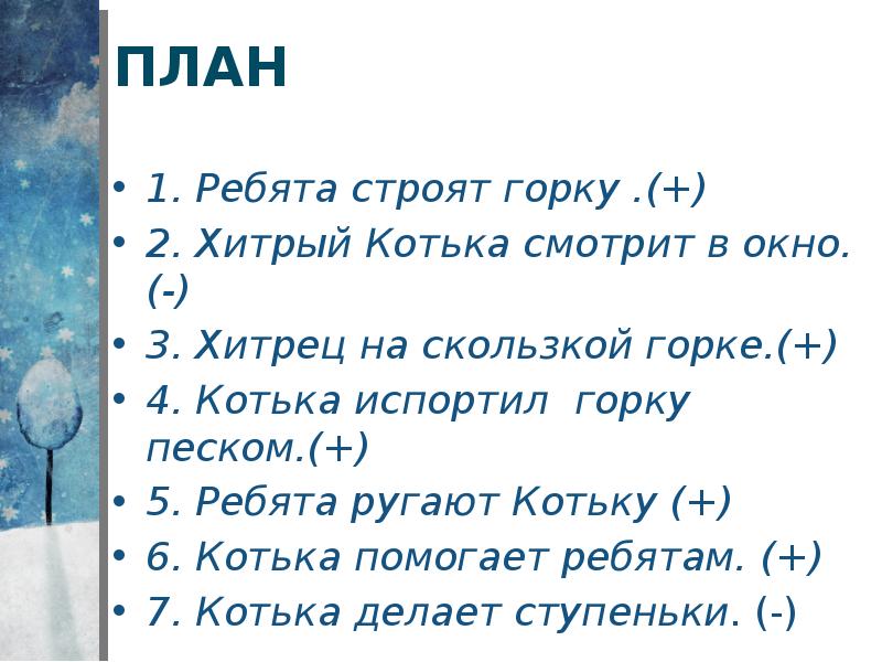 План пересказа каникулы