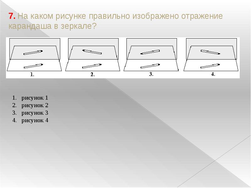 На каком рисунке правильно показано отражение ручки в плоском зеркале