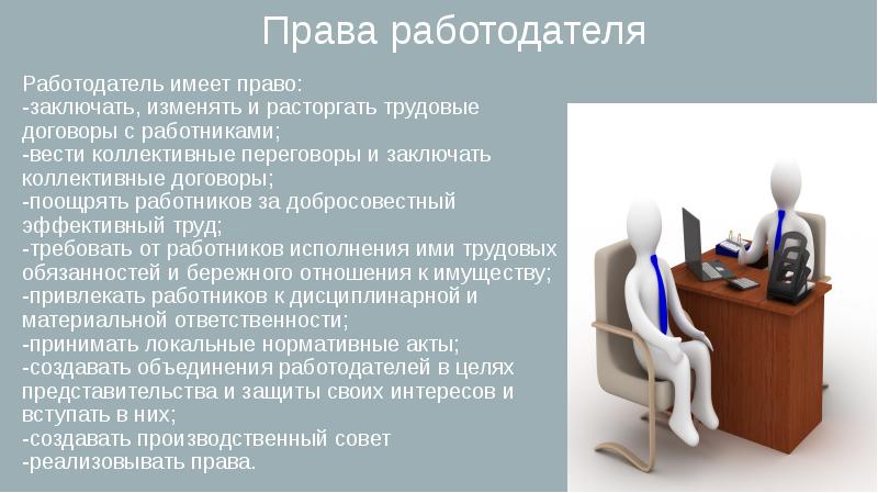 Работодатель имеет право. Права работодателя. Работодатель это Трудовое право. Заключать изменять и расторгать трудовые договоры с работниками это.