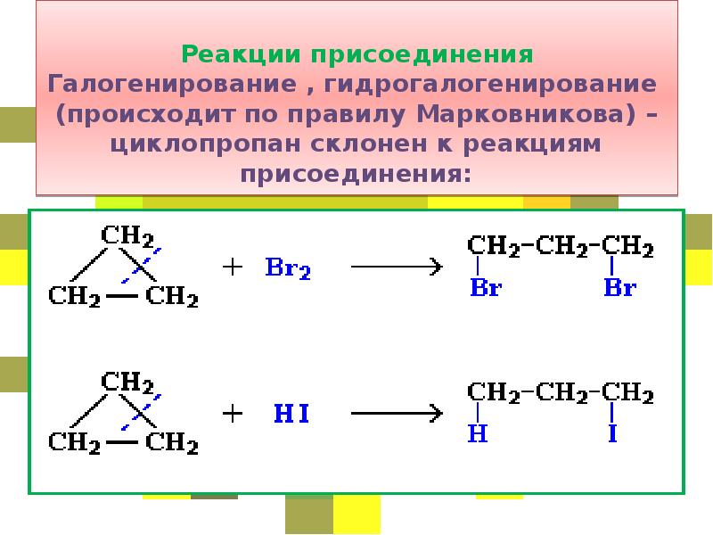 Циклопропан и бромная вода. Уравнение реакции гидрогалогенирования циклопропана. Галогенирование циклоалканов механизм. Галогенирование циклопарафинов. Правило Марковникова для циклоалканов.