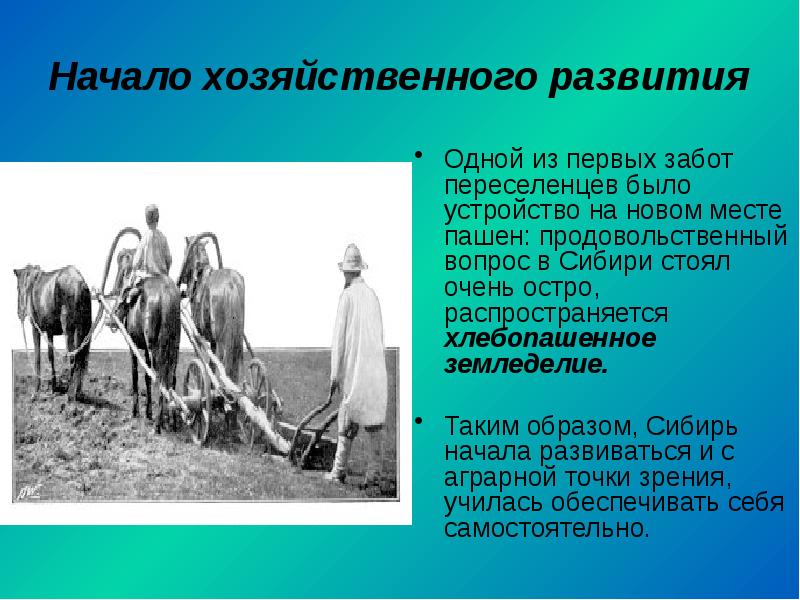 Начало хозяйственного развития Одной из первых забот переселенцев было устройство на