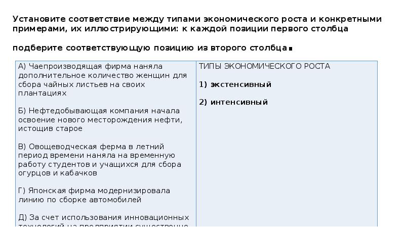 Установите соответствие между примерами факторами экономического роста