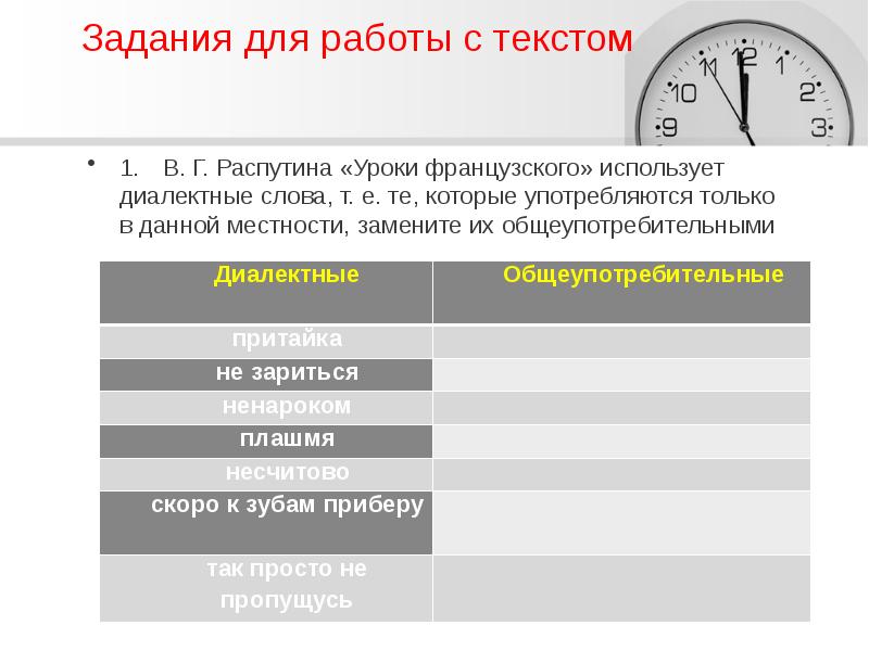 Задания для работы с текстом 1.	В. Г. Распутина «Уроки французского» использует