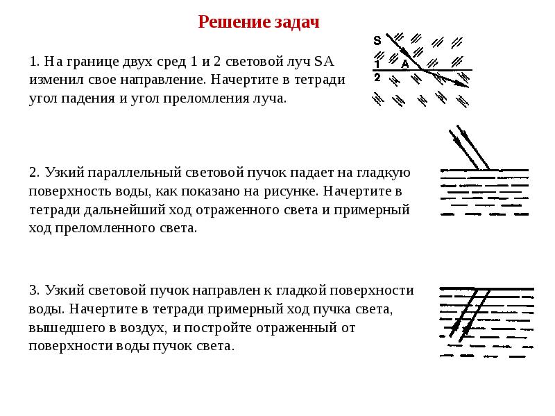 На рисунке изображен луч падающий из воздуха на гладкую поверхность воды начертите в тетради ход