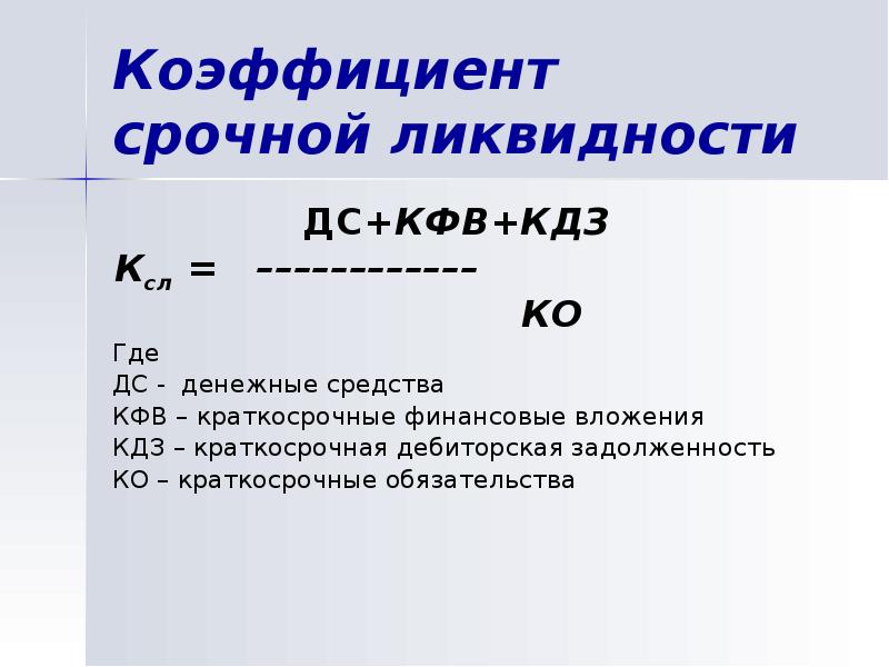 Формула коэффициента быстрой ликвидности