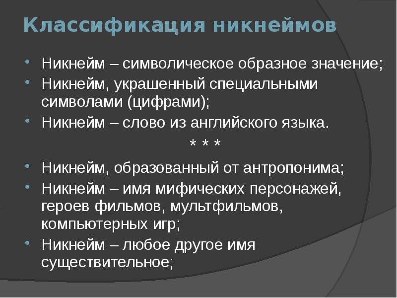 Никнейм как особая разновидность современных антропонимов презентация