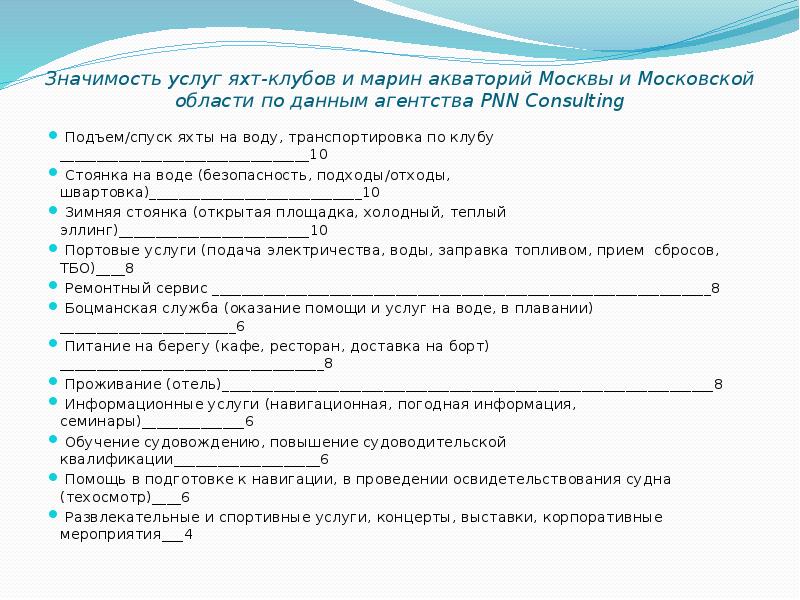 Значимость услуг яхт-клубов и марин акваторий Москвы и Московской области по
