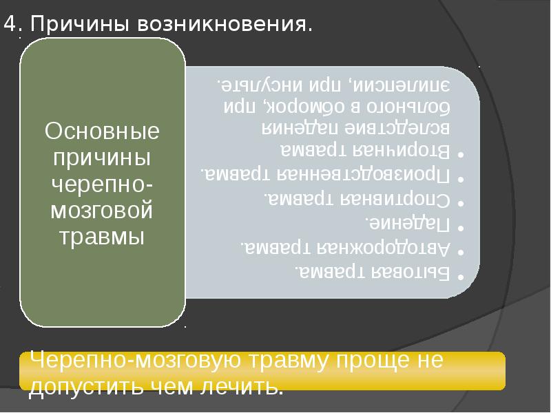 Четвертая причина. Презентация на тему ЧМТ. Комы при черепно мозговых травмах презентация. Черепно-мозговая травма причины. Причины возникновения черепно-мозговой травмы.