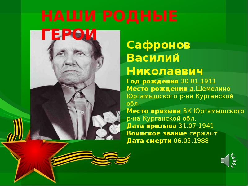 Родной герой. Сафронов Василий Николаевич. Участники ВОВ Юргамышского района Курганской области. Классный час на тему 79 лет Курганский области. Герои советского Союза Юргамышского района Курганской области.