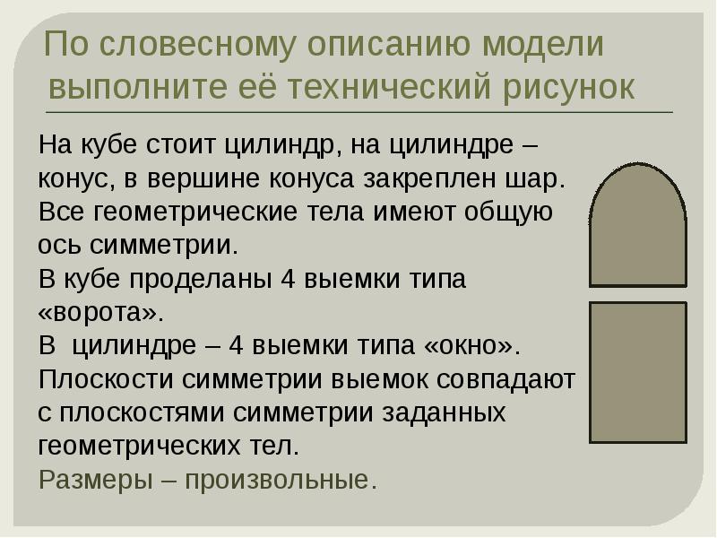 Правила словесное описание. По словесному описанию модели выполните ее. Технический рисунок. Чертеж по словесному описанию.