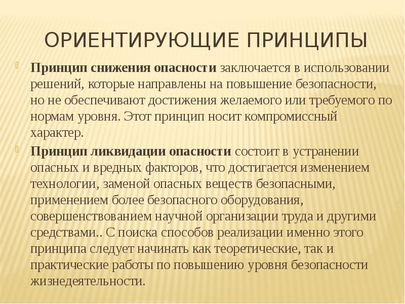 Реализация возможна. Ориентирующие принципы обеспечения безопасности жизнедеятельности. Принцип снижения опасности. Ориентирующие принципы БЖД. Принципы снижения потенциальных опасностей.