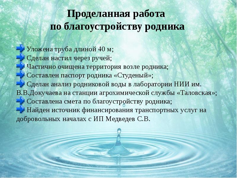 Родник составить. Проекты по благоустройству родников. Обустройство родника проект. Анализ родниковой воды. Актуальность родниковой воды.