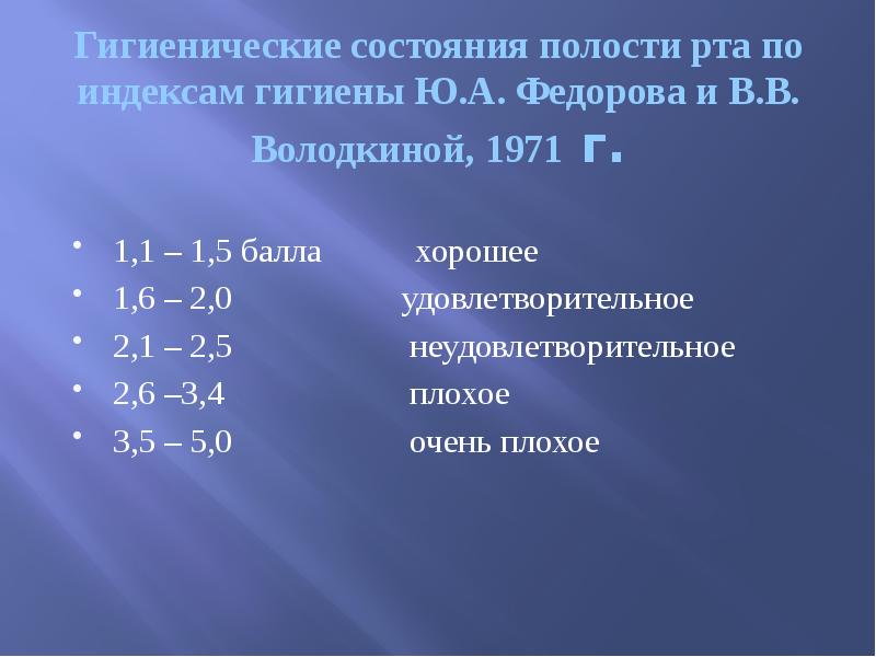 Гигиенические состояния полости рта по индексам гигиены Ю.А. Федорова и В.В.