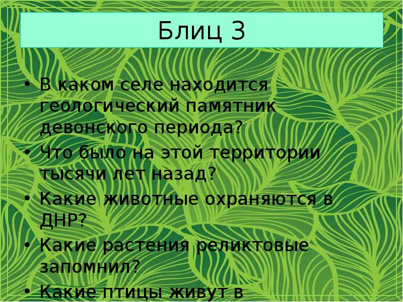 Блиц 3 В каком селе находится геологический памятник девонского периода? Что