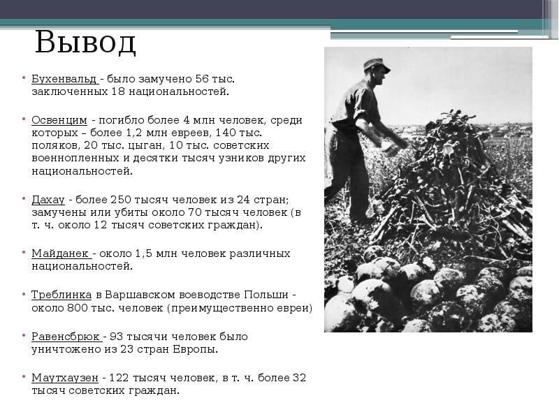 Вывод
Бухенвальд - было замучено 56 тыс. заключенных 18 национальностей.
Освенцим Вывод
Бухенвальд - было замучено 56 тыс. заключенных 18 национальностей.
Освенцим