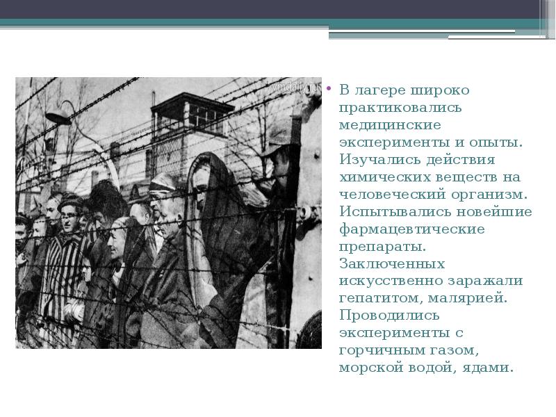 В лагере широко практиковались медицинские эксперименты и опыты. Изучались действия химических В лагере широко практиковались медицинские эксперименты и опыты. Изучались действия химических