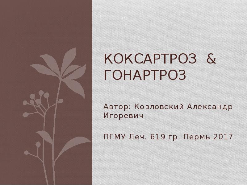 Коксартроз & гонартроз
Автор: Козловский Александр Игоревич
ПГМУ Леч. Коксартроз & гонартроз
Автор: Козловский Александр Игоревич
ПГМУ Леч.