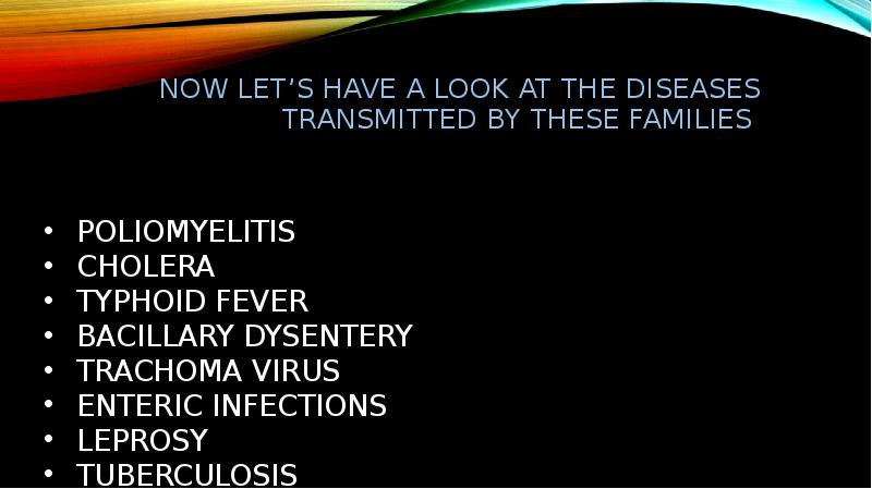 Now let’s have a look at the diseases transmitted by these Now let’s have a look at the diseases transmitted by these