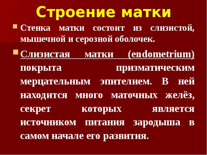 Строение матки Стенка матки состоит из слизистой, мышечной и серозной оболочек.