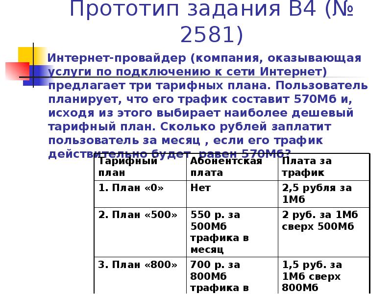 Интернет провайдер предлагает три тарифных плана план 0 план 700 план 1000