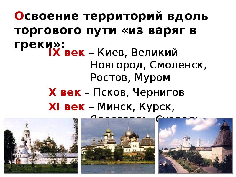Освоение территорий вдоль торгового пути «из варяг в греки»:
Освоение территорий вдоль торгового пути «из варяг в греки»: