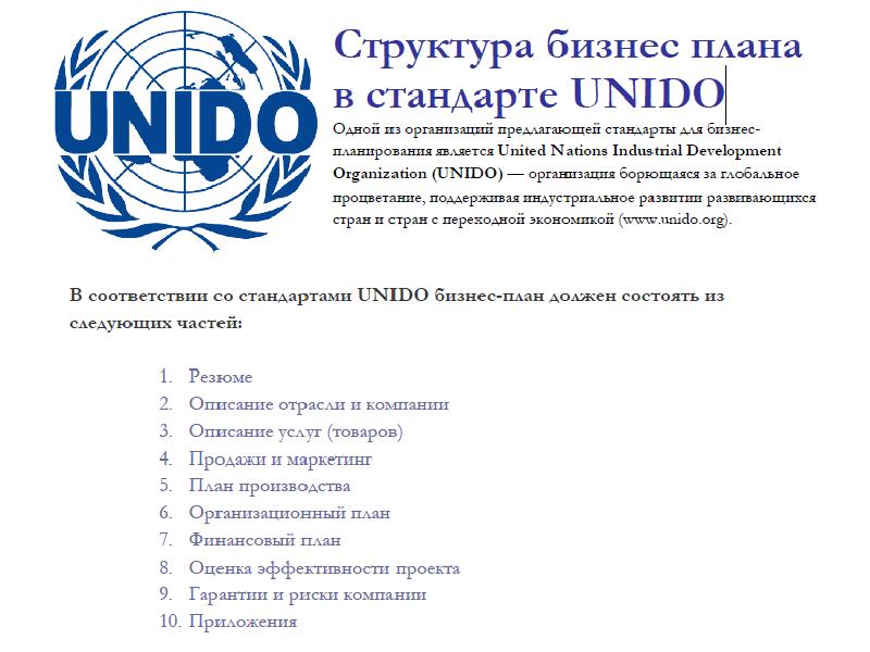 Бизнес план по стандартам unido