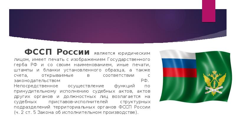 ФССП России является юридическим лицом, имеет печать с изображением Государственного герба