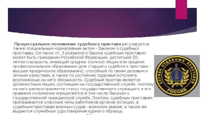 Процессуальное положение судебного пристава регулируется также специальным нормативным актом - Законом