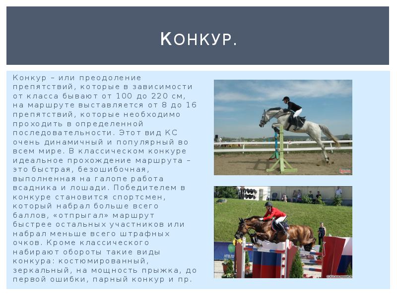 Конкур. Конкур – или преодоление препятствий, которые в зависимости от класса