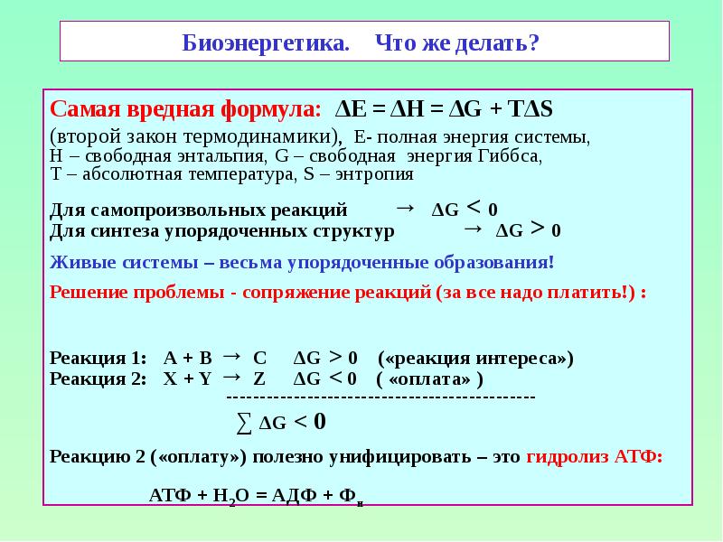 Биоэнергетика.  Что же делать?  Самая вредная формула: ΔE =
