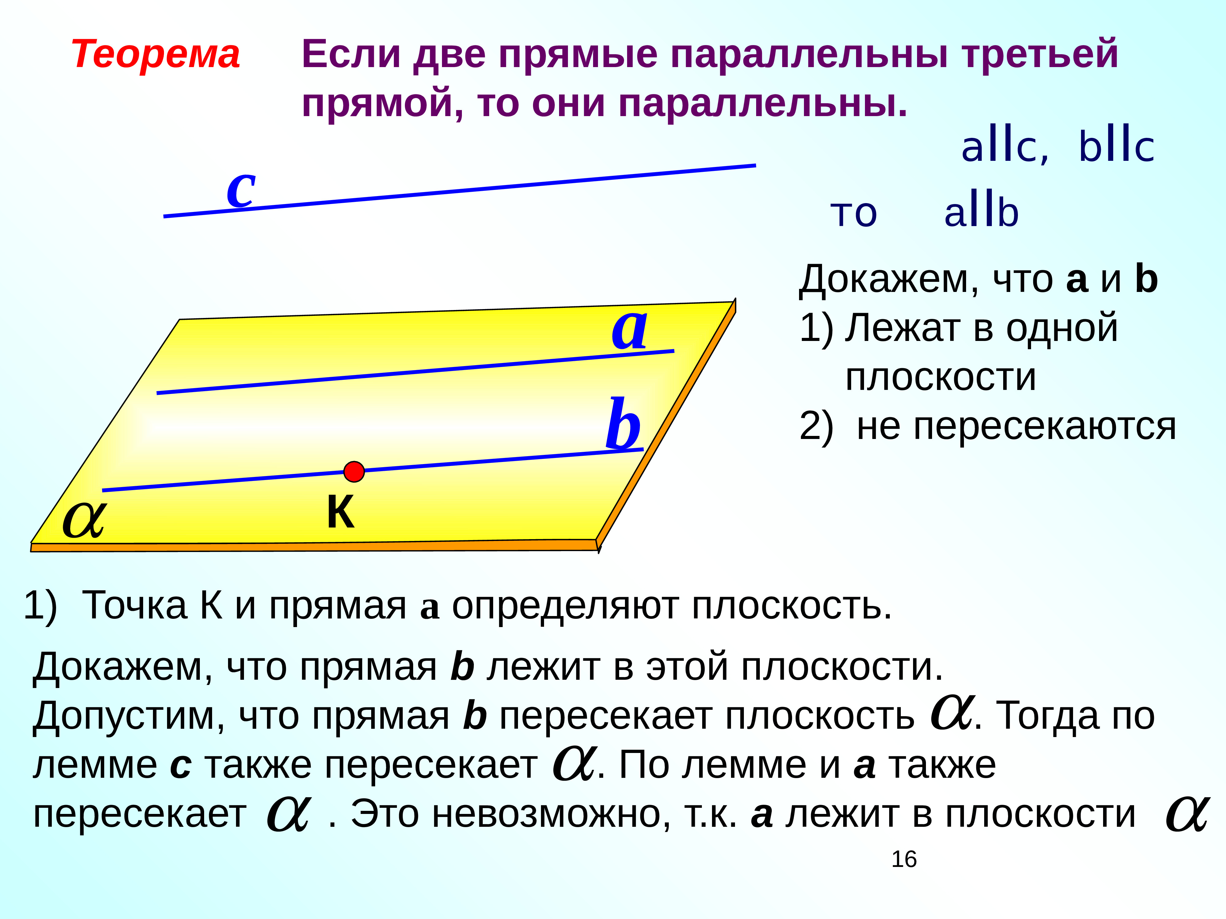 Через две параллельные прямые можно провести плоскость. Если две прямые [[1]]третьей прямой, то они параллельны. Две прямые параллельные третьей параллельны друг другу. Теорема параллельности прямой и плоскости если прямая с. Доказательство теоремы если две прямые параллельны третьей прямой.