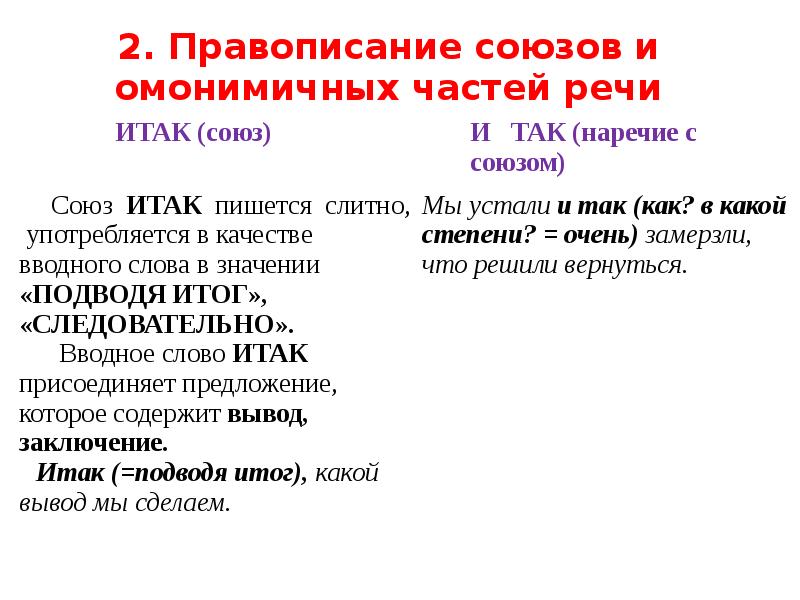 2. Правописание союзов и омонимичных частей речи