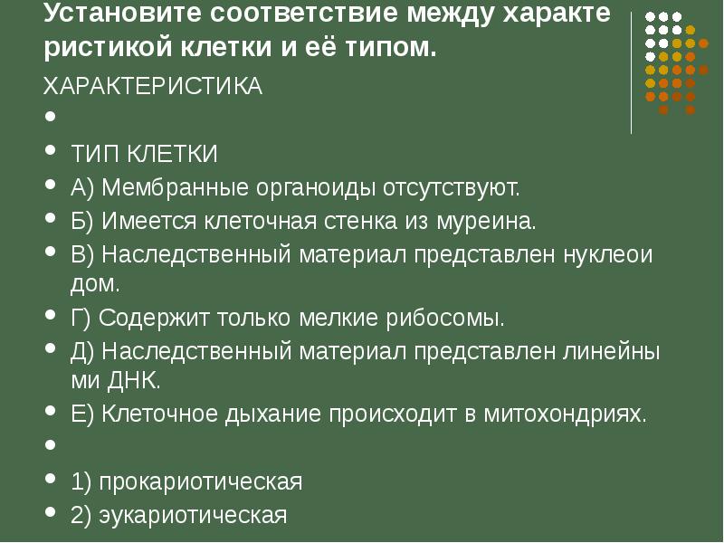 Установите соответствие между характеристиками и органоидами клетки обозначенными цифрами на схеме