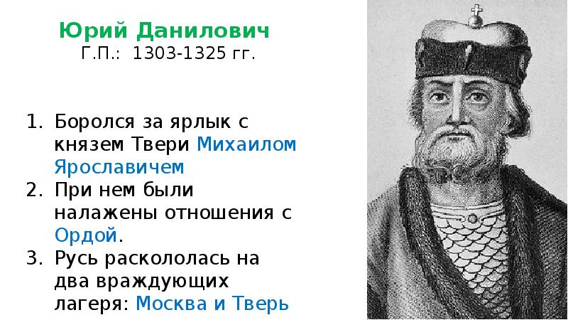 Даниловичи князья. ● Юрий Данилович Московский (1303-1325). Юрий Даниилович (1303 -1325 гг.). Политика Юрия Даниловича 1303-1325. Юрий Данилович 1304-1325.