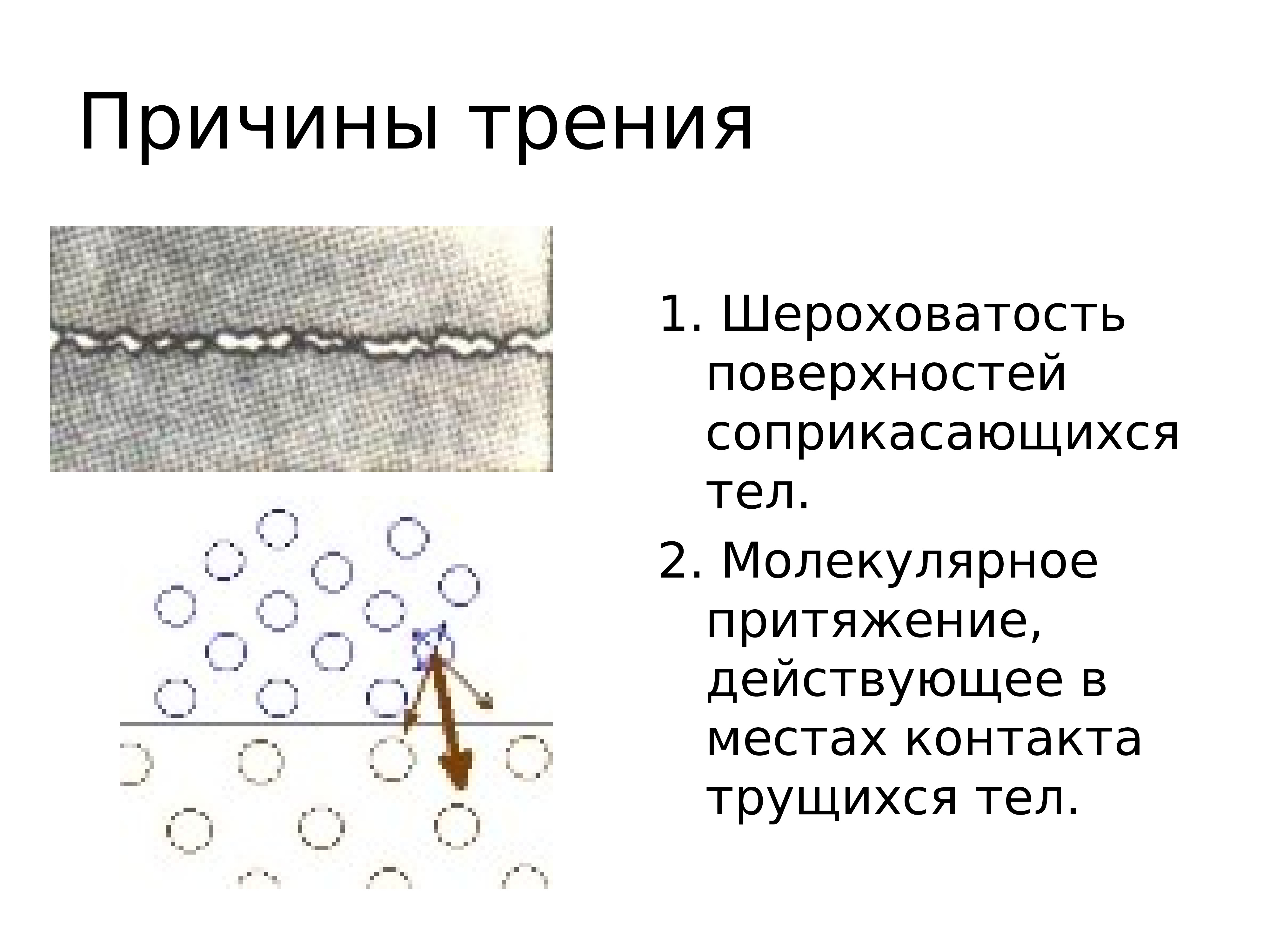 Сила трения шероховатой поверхности. Шероховатость поверхностей соприкасающихся тел. Причины трения. Межмолекулярное Притяжение. Соприкасающиеся поверхности.