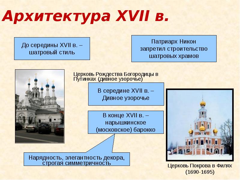 Культуры 17. Распространенные стили архитектуры 17 века в России. Архитектура 17го века в России. Культура России 14-17 века презентация архитектура. Сравнение архитектуры 17 и 18 века в России.