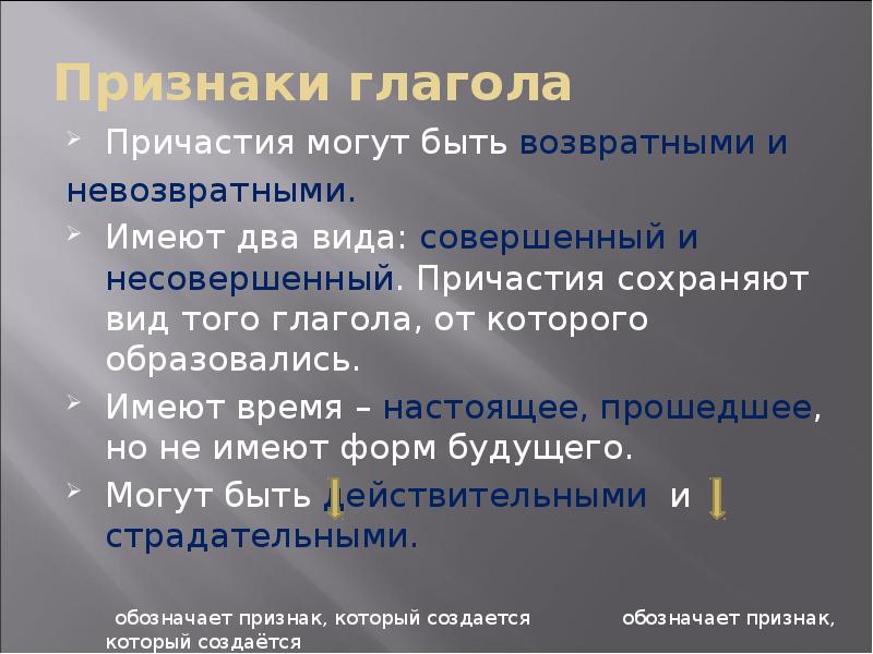 Признаки глагола  Причастия могут быть возвратными и невозвратными. Имеют два