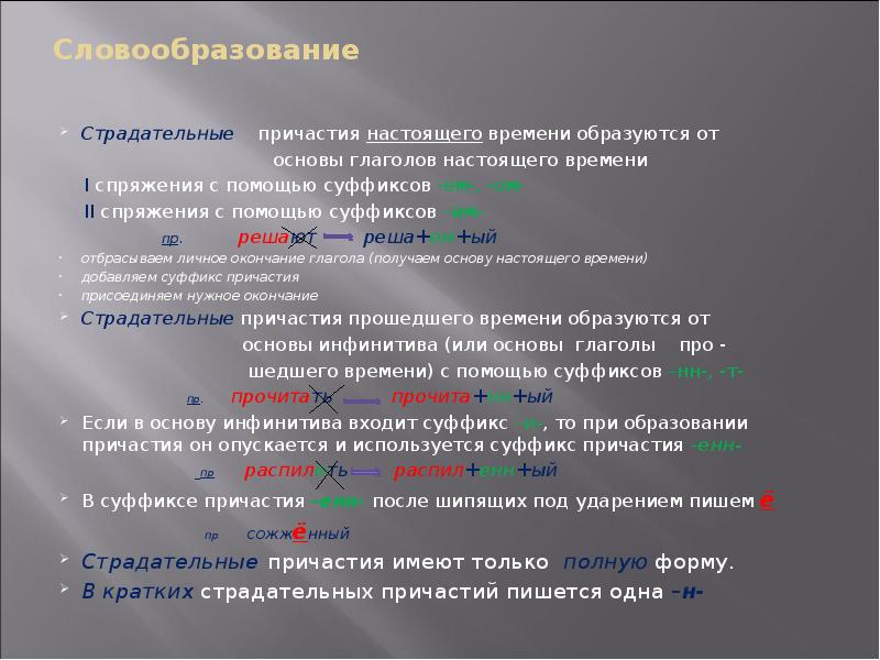 Словообразование  Страдательные  причастия настоящего времени образуются от  