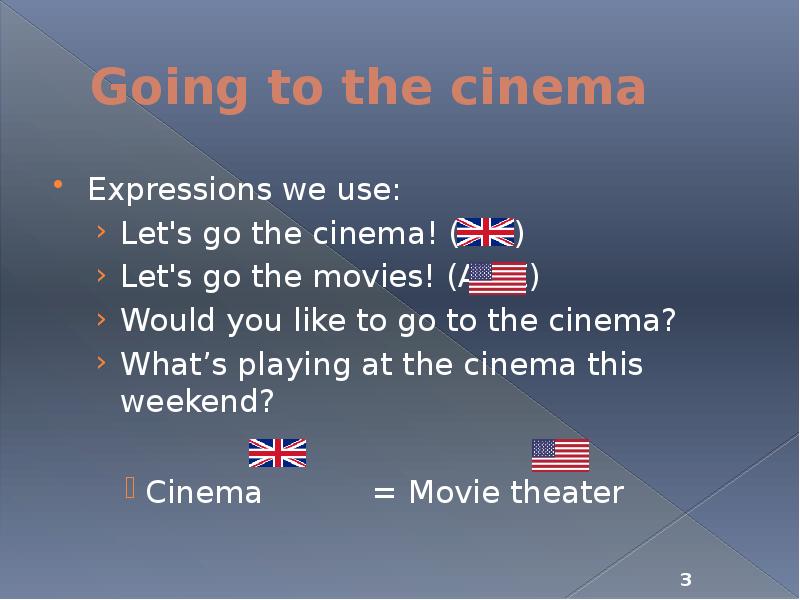 Going to the cinema Expressions we use: Let's go the cinema!