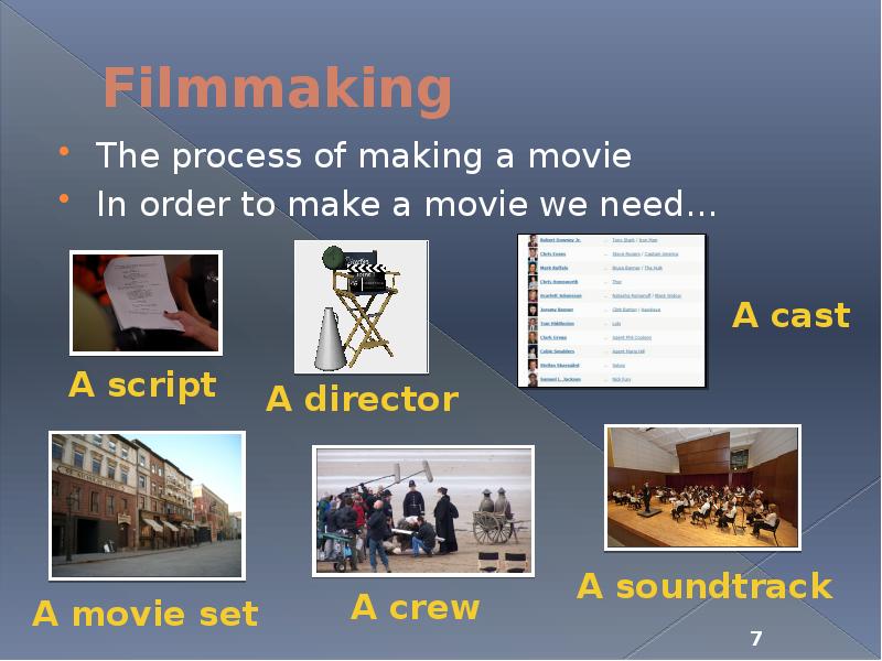 Filmmaking The process of making a movie In order to make