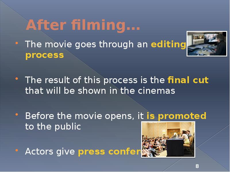 After filming… The movie goes through an editing process The result