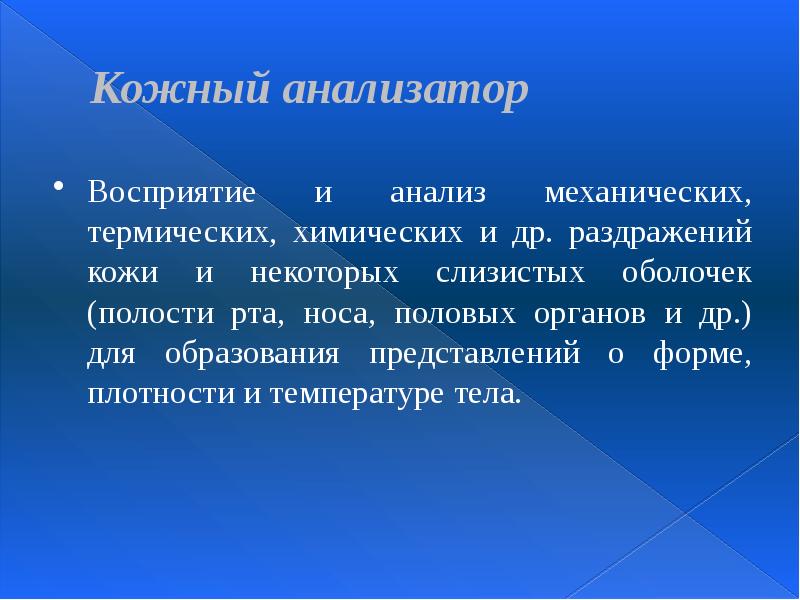 Кожный анализатор  Восприятие и анализ механических, термических, химических и др.