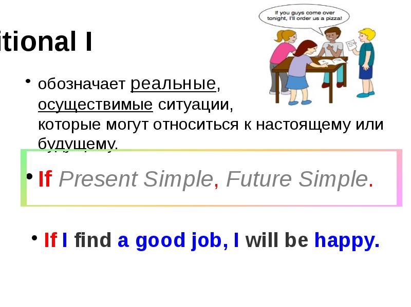 Conditional I
обозначает реальные, осуществимые ситуации, которые могут относиться Conditional I
обозначает реальные, осуществимые ситуации, которые могут относиться